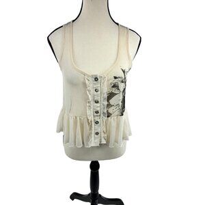 Daytrip Womens S Tank Top Ivory Ruffle Peplum Button Front Sleeveless Boho